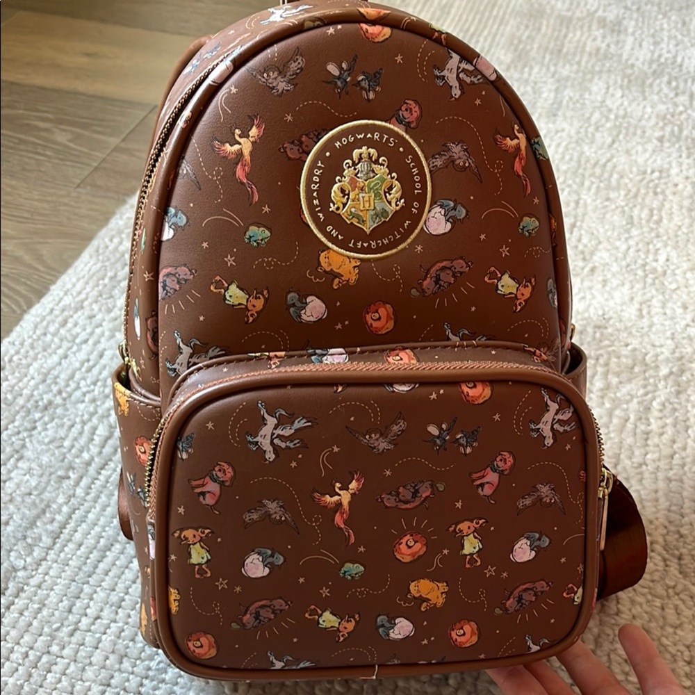 Brown Mini Backpack with Harry Potter Hogwarts Print